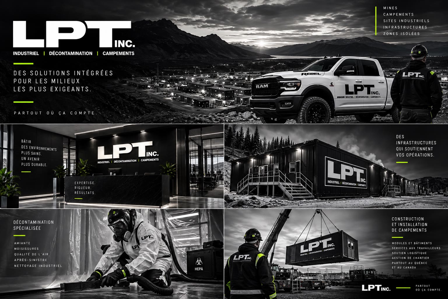 Planche de direction visuelle LPT INC. : camp, hall, décontamination