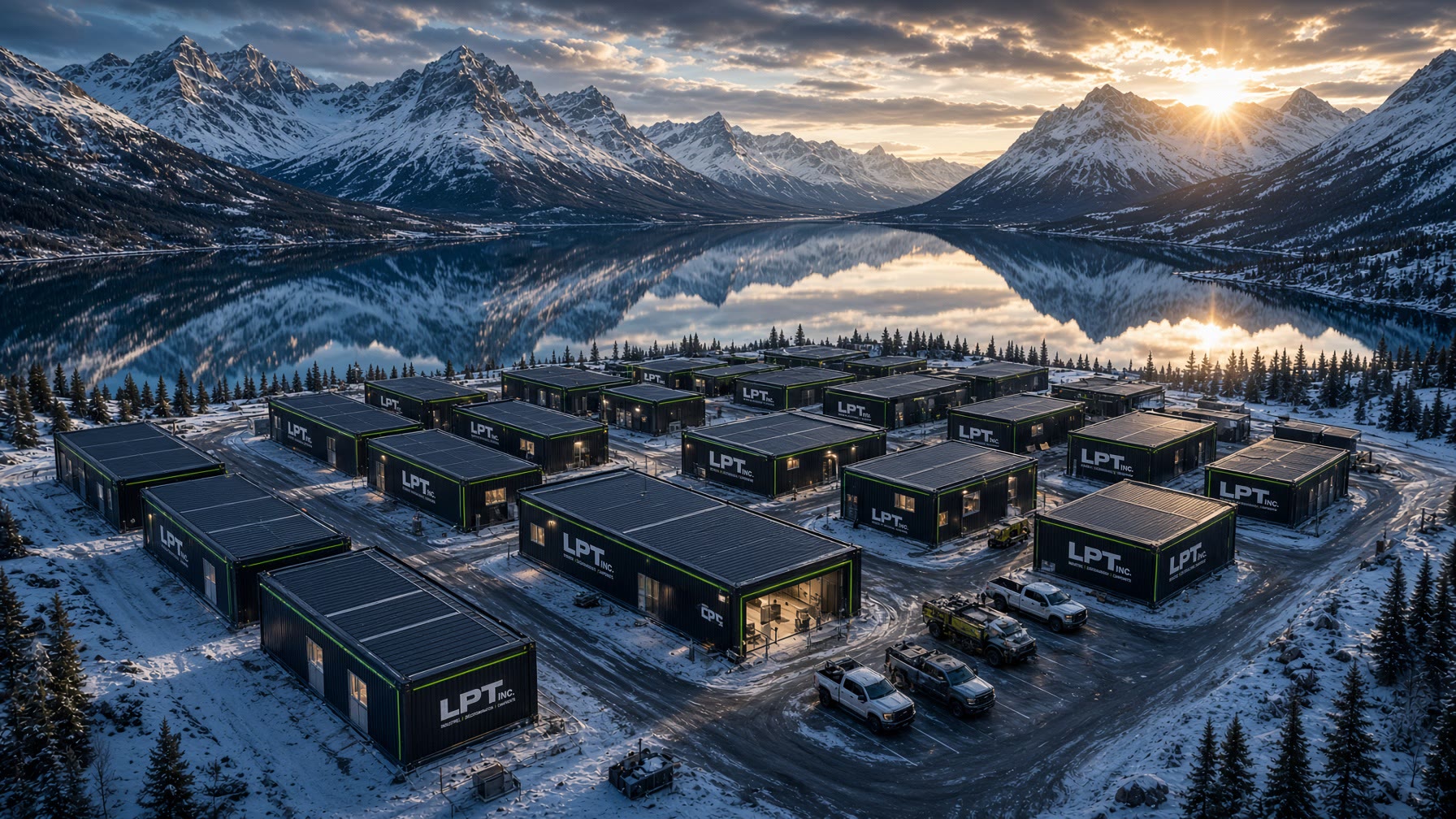 Vue aérienne d’un camp modulaire noir au bord d’un lac nordique