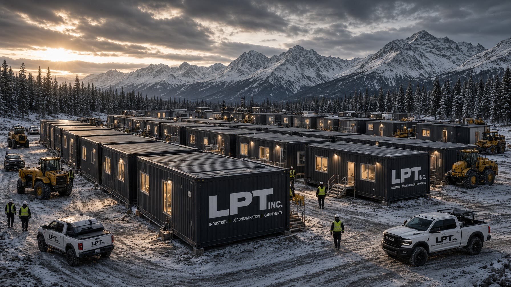 Black LPT camp modules on a winter pad