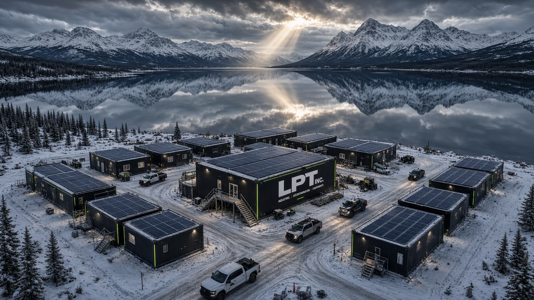 Camp modulaire noir, toits photovoltaïques, lac nordique
