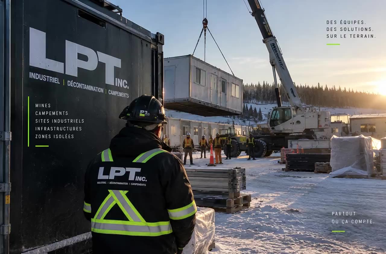 Levage d’un module sur un pad de camp d’hiver, équipe au sol