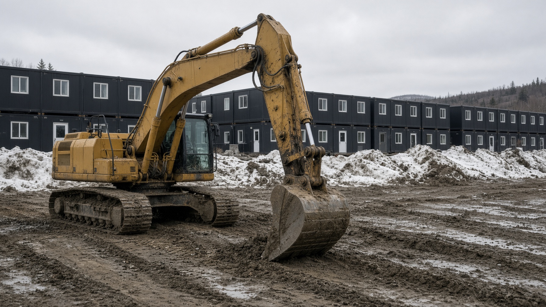 Pelle mécanique CAT sur un chantier boueux en fin d’hiver