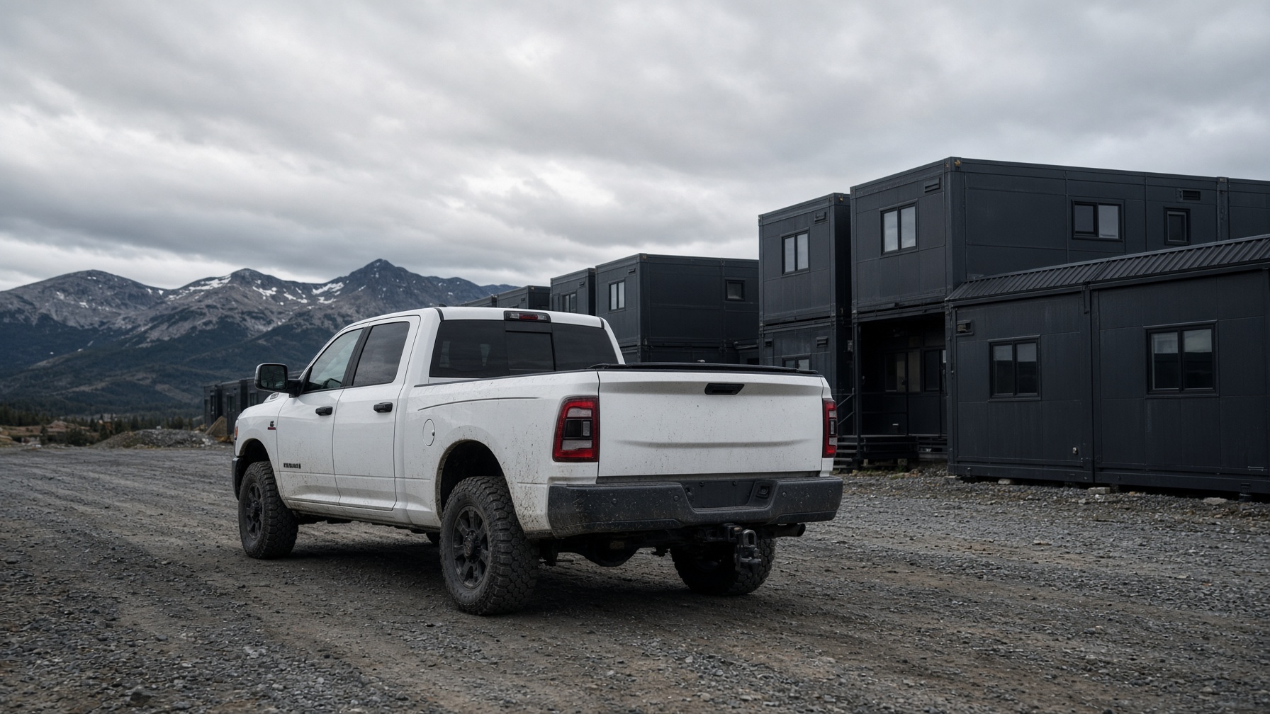 Camionnette blanche devant un camp en vallée