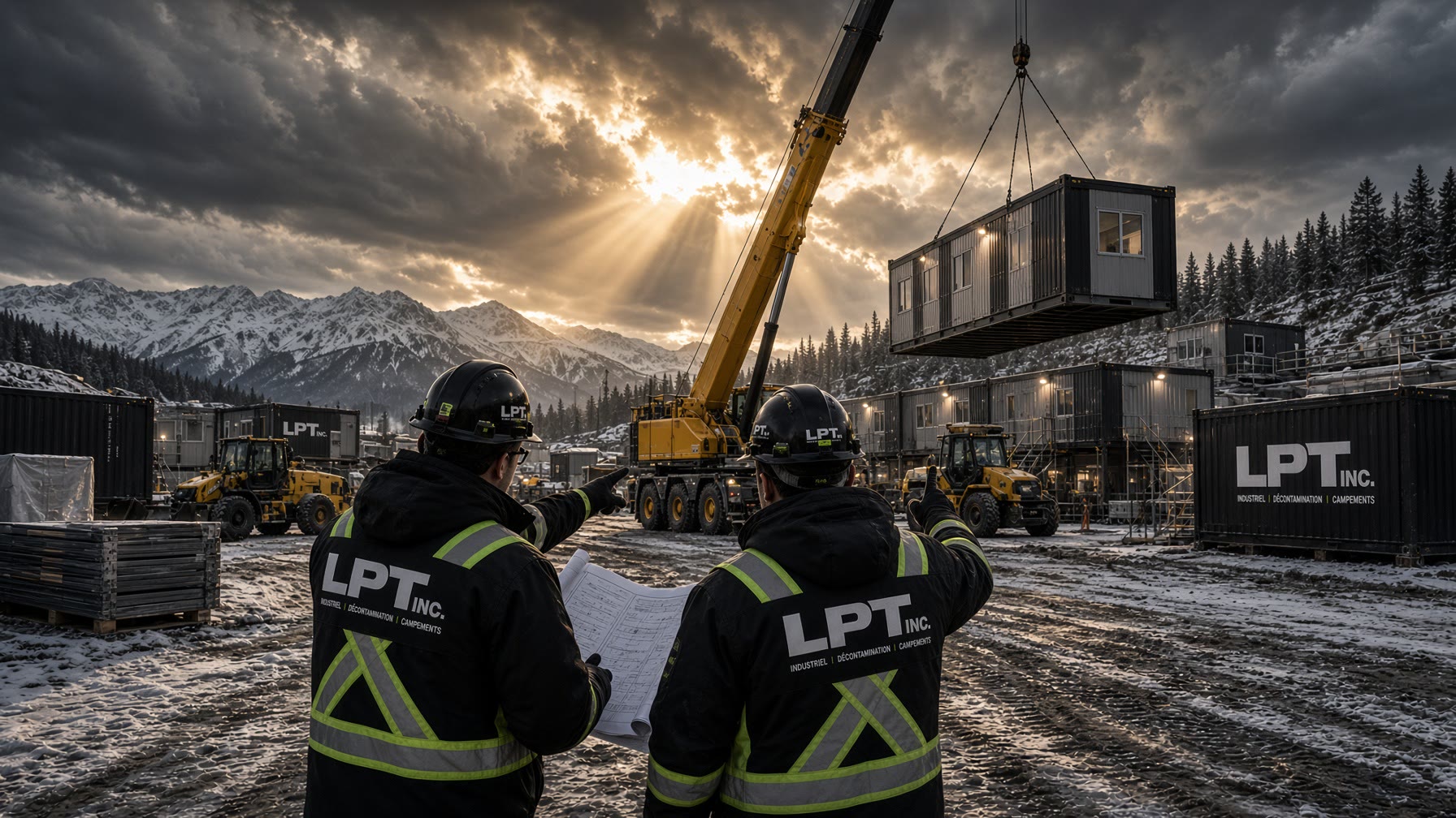 Two supervisors on a winter camp, crane lifting a module