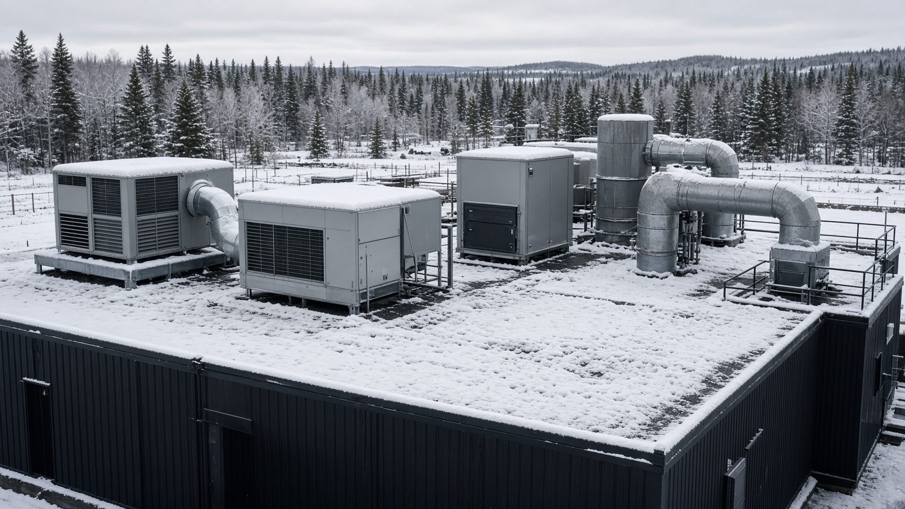 Unités HVAC sur un module noir, hiver québécois